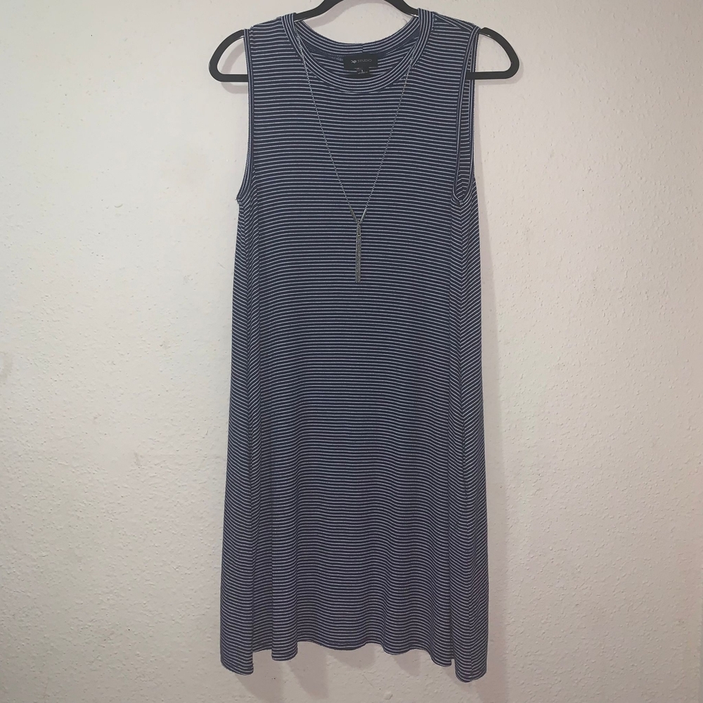 AB Studio Women's Sleeveless Navy/White Striped Stretch Dress Sz L Side Pockets